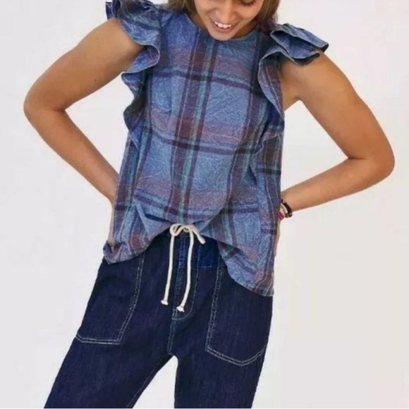 By Anthropologie Amarette Plaid Ruffled Sleeve Boho 100% CottonTop - Picture 2 of 13